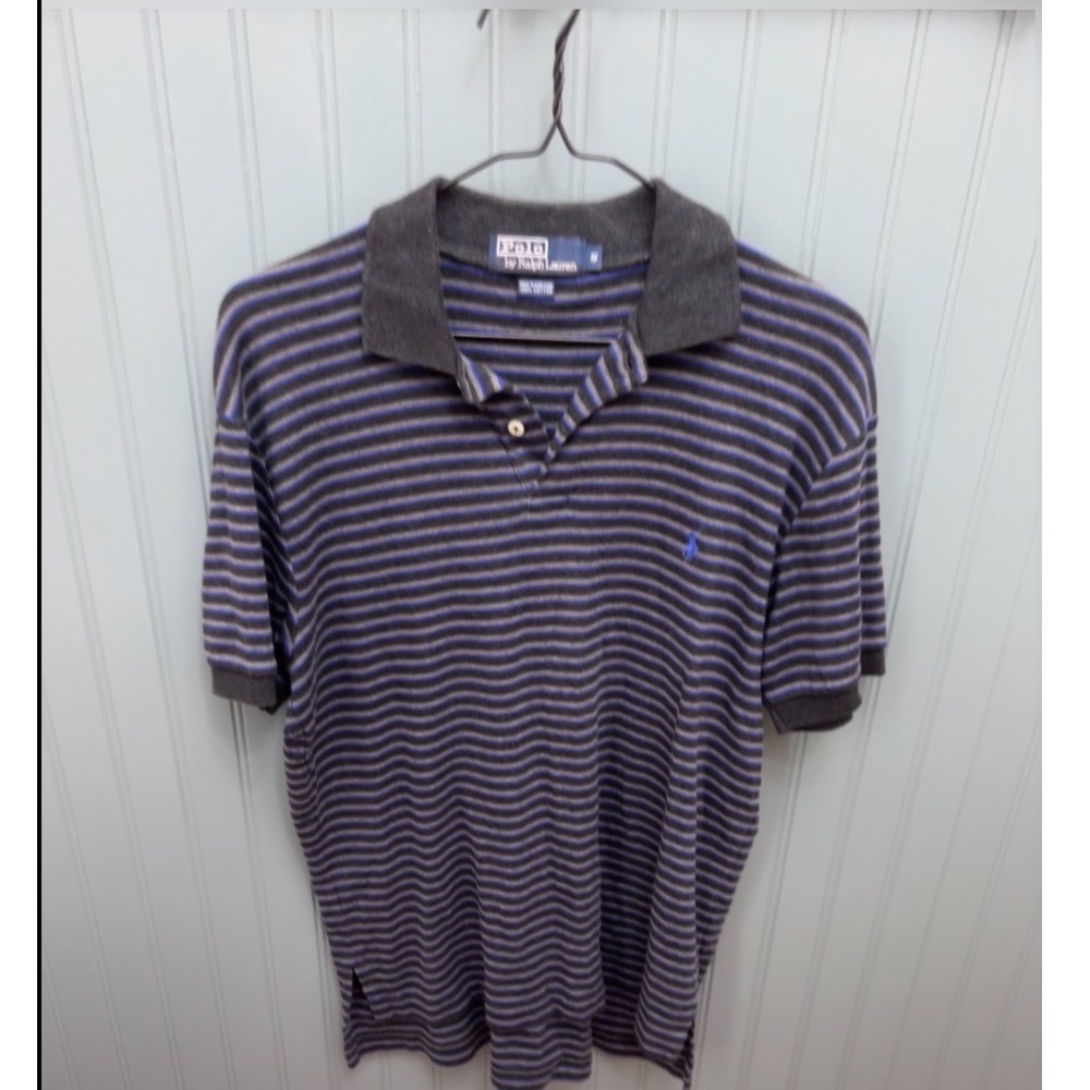 Polo Ralph Lauren Mens Small Grey Blue Striped Short Sleeve Cotton Polo Shirt